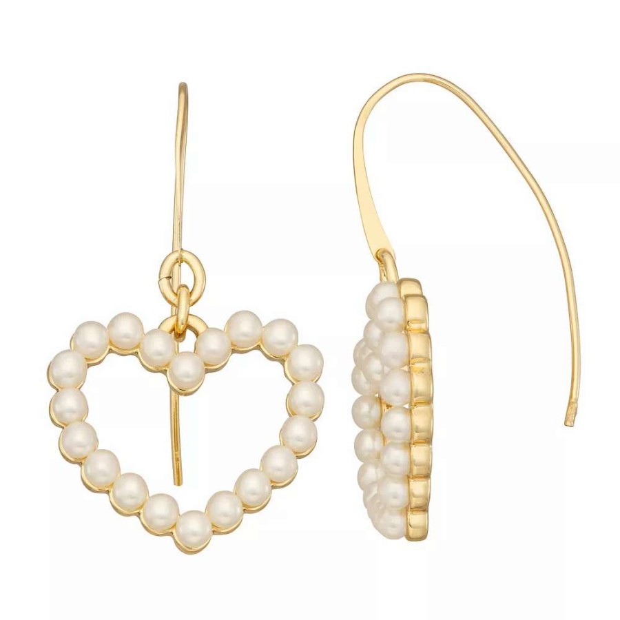 Jewelry * | Nine West Gold Tone Simulated Pearl Heart Threader Earrings