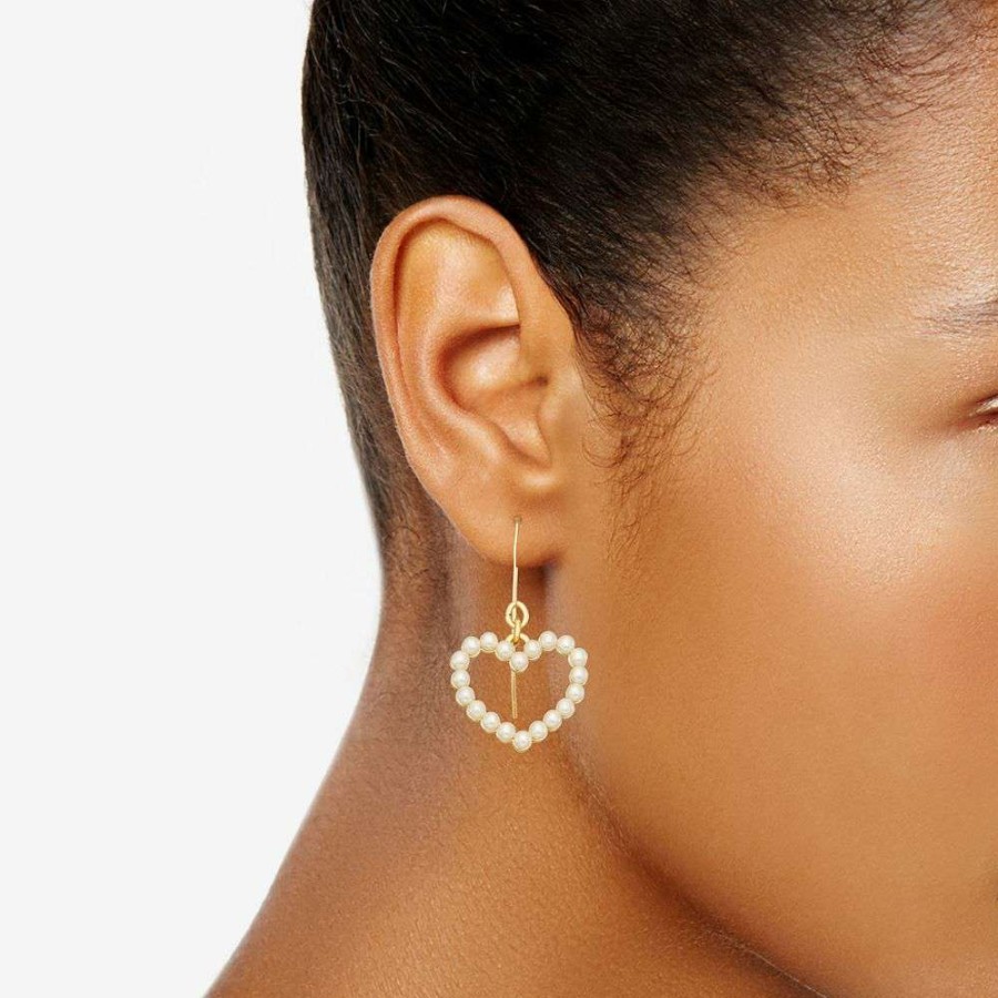 Jewelry * | Nine West Gold Tone Simulated Pearl Heart Threader Earrings