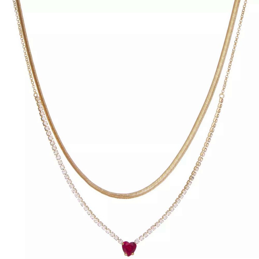 Jewelry * | Nine West Gold Tone Red & Clear Crystal Heart Double-Strand Necklace