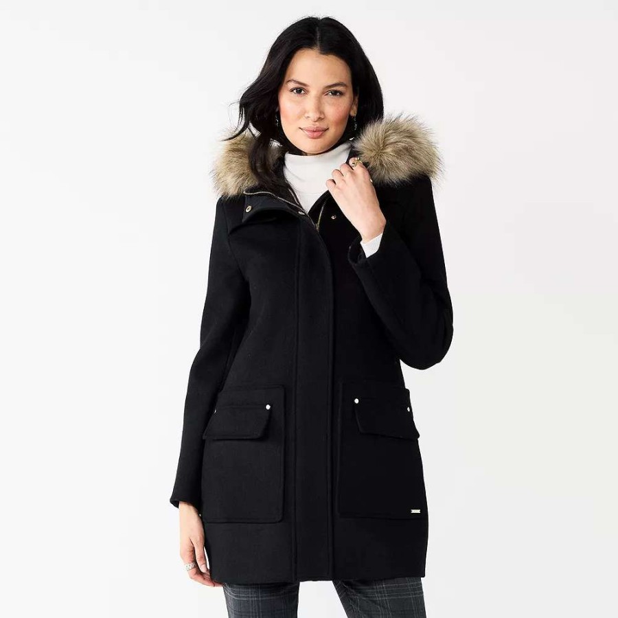 Clothing * | Women'S Nine West Faux-Fur Hood Quilted Duffle Coat