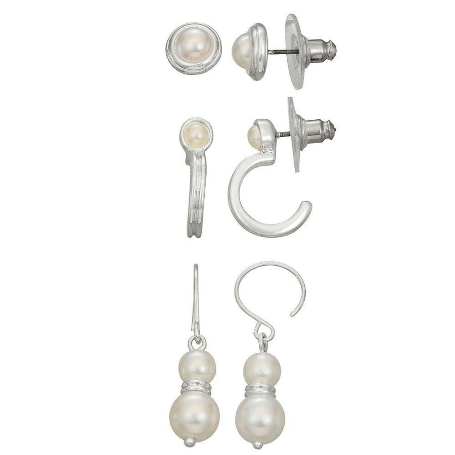 Jewelry * | Napier Silver Tone Simulated Pearl Stud, Huggie, & Drop Earrings Set