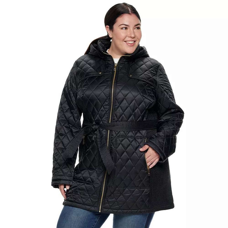 Clothing * | Plus Size Nine West Hooded Diamond-Quilted Belted Jacket