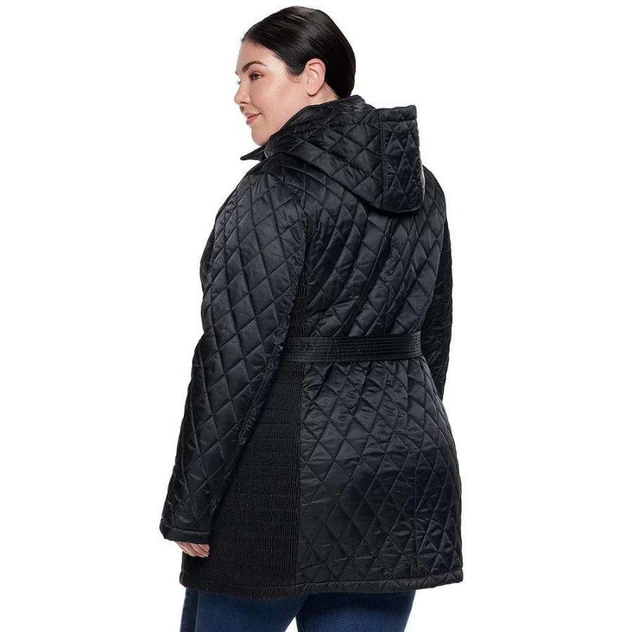 Clothing * | Plus Size Nine West Hooded Diamond-Quilted Belted Jacket