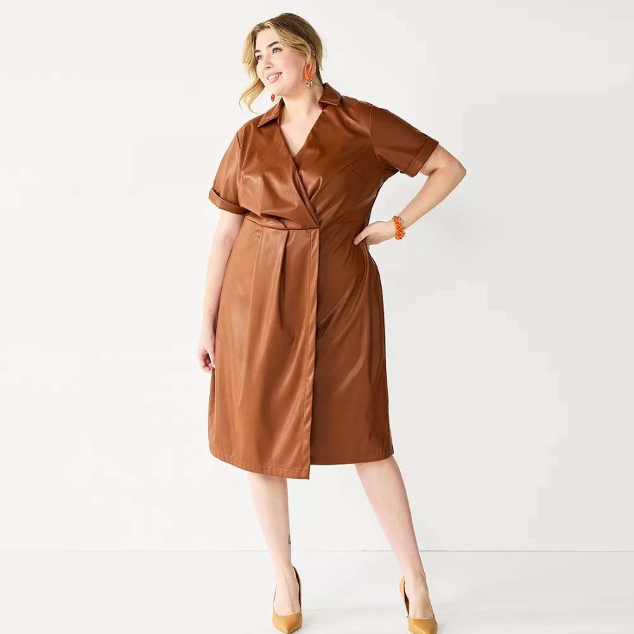 Clothing * | Plus Size Nine West Faux Leather Midi Dress