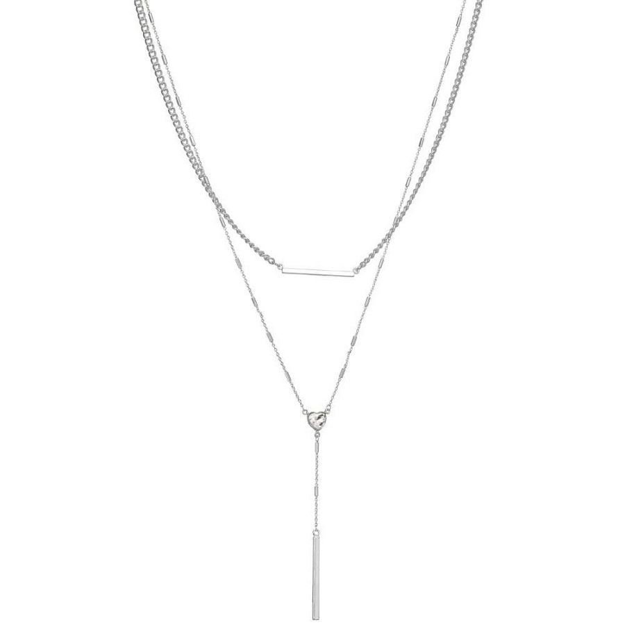 Jewelry * | Nine West Silver Tone Double Row Heart Y Necklace