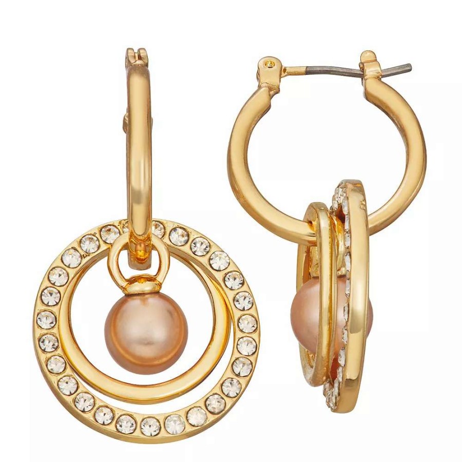 Jewelry * | Napier Gold Tone Circle Paver Hoop Drop Earrings