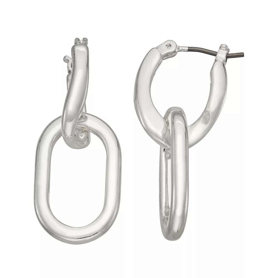 Jewelry * | Nine West Silver Tone Chain Link Drop Hoop Earrings