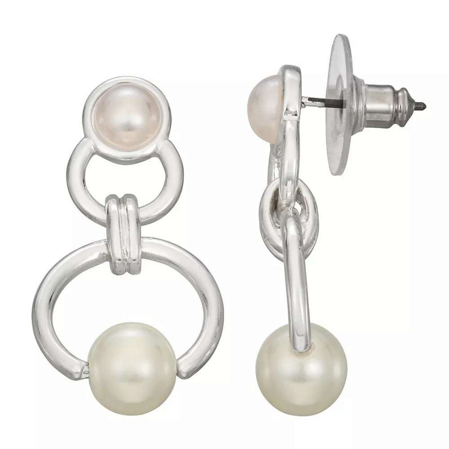 Jewelry * | Napier Silver Tone Simulated Pearl Open Circle Double Drop Earrings