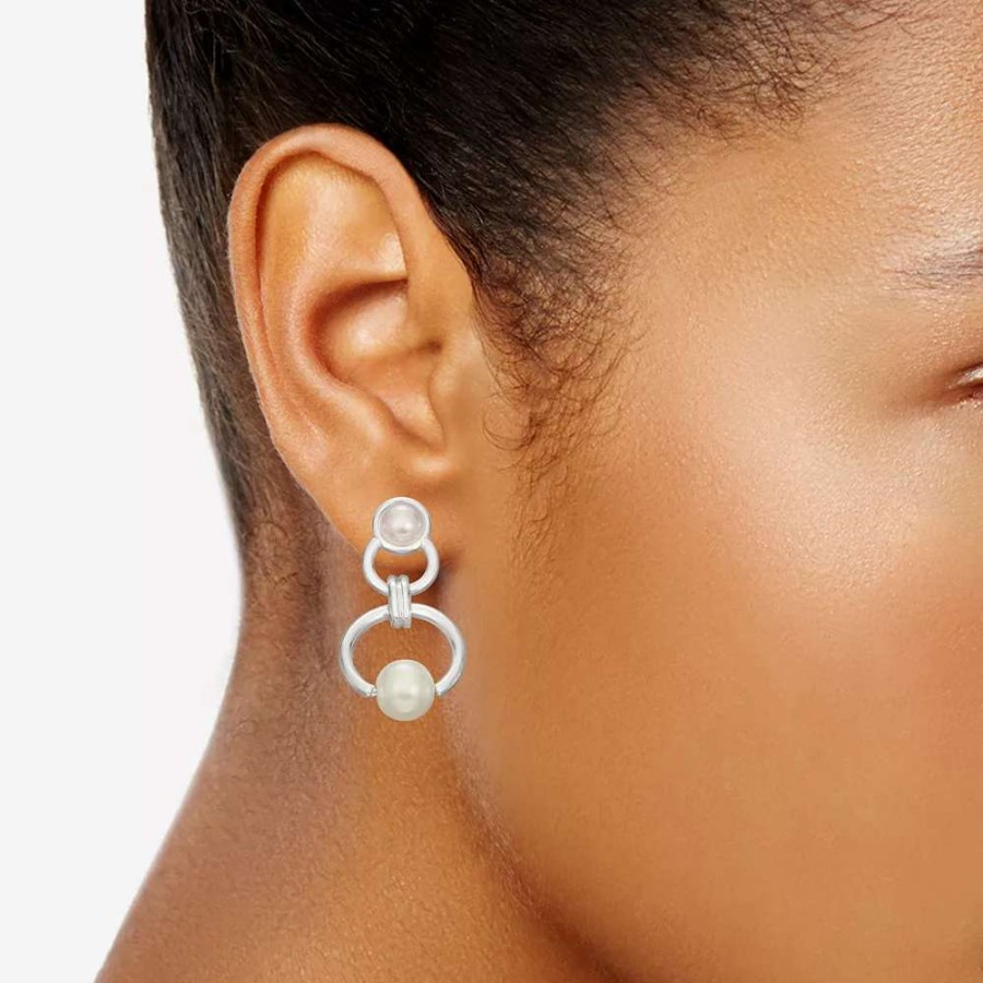 Jewelry * | Napier Silver Tone Simulated Pearl Open Circle Double Drop Earrings