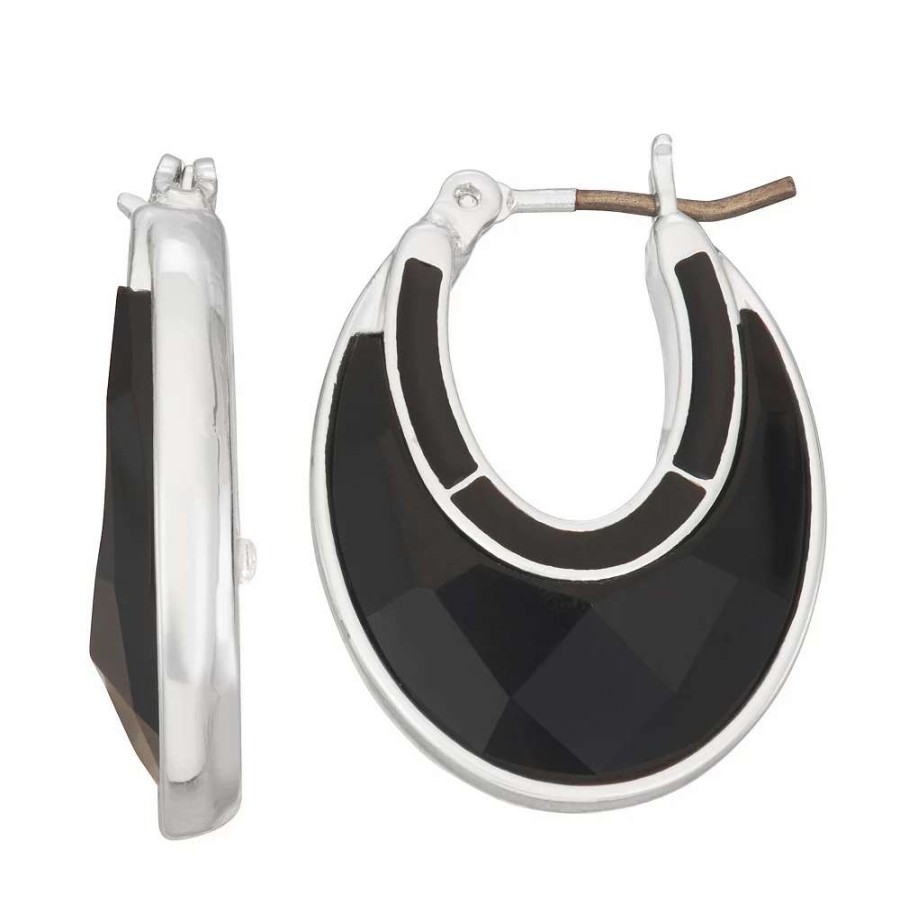 Jewelry * | Napier Silver Tone Black Enamel Open Oval Drop Earrings