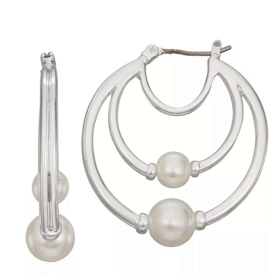 Jewelry * | Napier Silver Tone Simulated Pearl Triple Layer Hoop Earrings