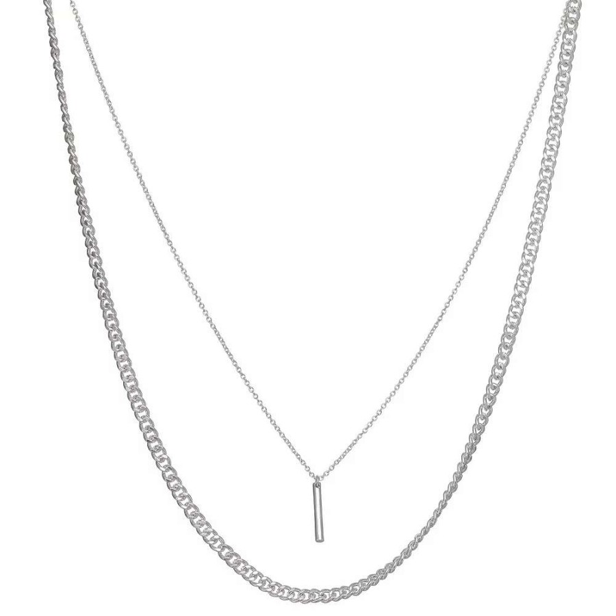 Jewelry * | Nine West Silver Tone Layered Chain Bar Pendant Necklace