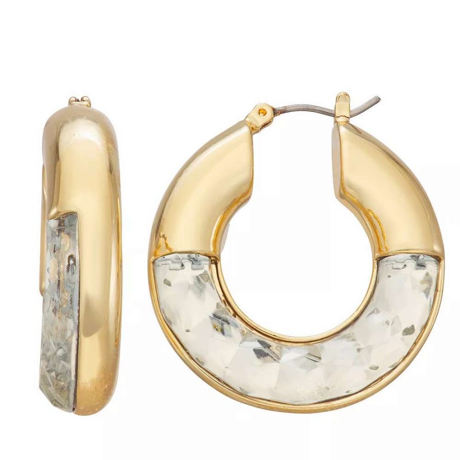 Jewelry * | Nine West Gold Tone Crystal Faceted Hoop Earrings