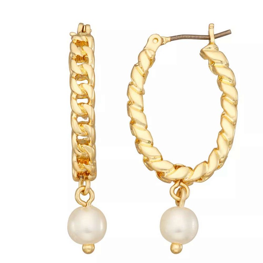 Jewelry * | Nine West Gold Tone Simulated Pearl Link Chain Hoop Earrings