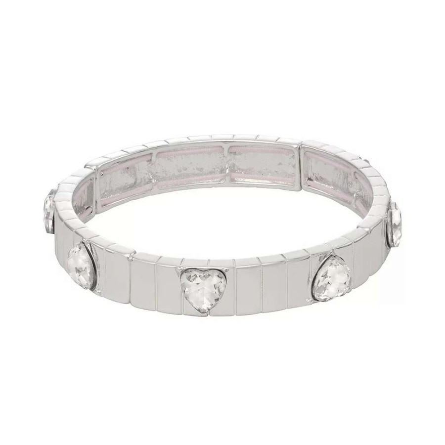 Jewelry * | Nine West Silver Tone Simulated Crystal Heart Stretch Bracelet