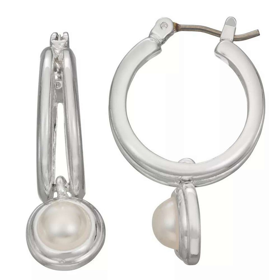 Jewelry * | Napier Silver Tone Simulated Pearl Drop Hoop Earrings