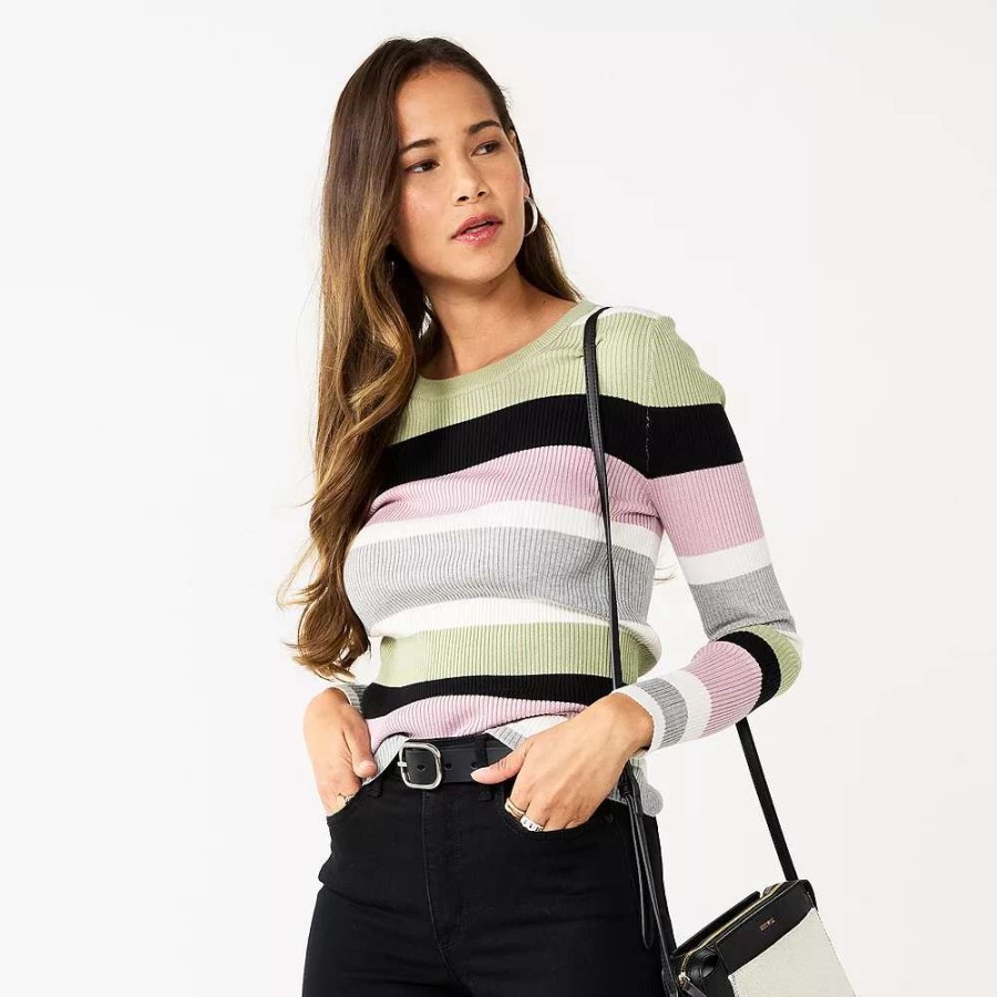 Clothing * | Women'S Nine West Long Sleeve Rib Crewneck Sweater