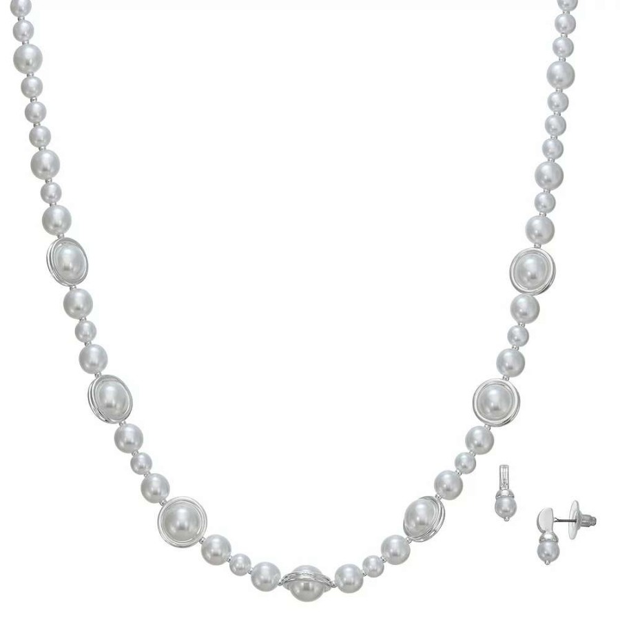 Jewelry * | Napier Silver Tone Simulated Pearl Collar Necklace & Stud Earrings Set