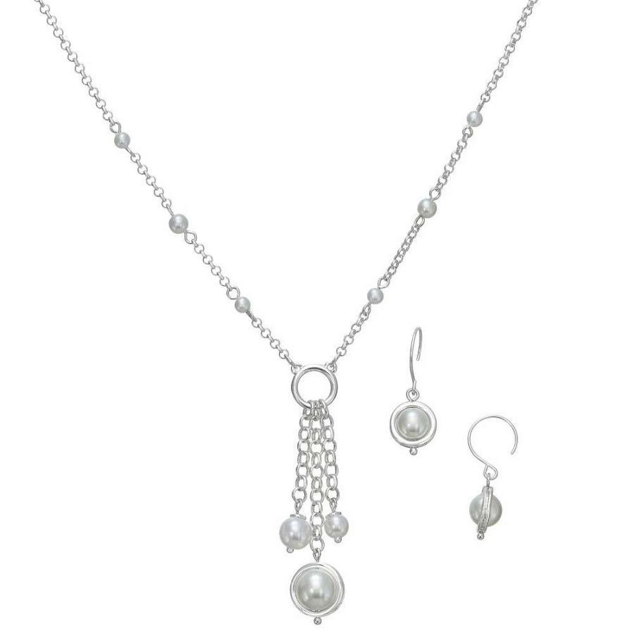 Jewelry * | Napier Silver Tone Simulated Pearl Necklace & Drop Earrings Set